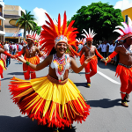 **Prompt:** Vibrant Barranquilla Carnival parade. Dancers in elaborate traditional costumes with feathers and bright colors, blending African, European, and indigenous influences. Cumbia music rhythm. Energetic atmosphere, smiles, and cultural fusion.