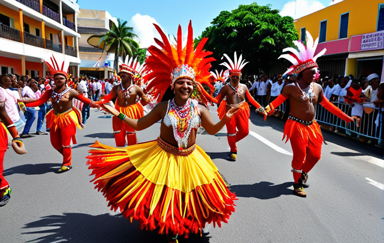 **Prompt:** Vibrant Barranquilla Carnival parade. Dancers in elaborate traditional costumes with feathers and bright colors, blending African, European, and indigenous influences. Cumbia music rhythm. Energetic atmosphere, smiles, and cultural fusion.