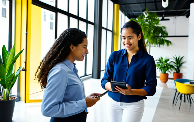 A diverse group of professional Colombian individuals, including a young female tech entrepreneur, a male business consultant, and a female artisan, collaborating in a bright, modern co-working space. They are fully clothed in modest, professional business attire, engaged in a discussion while looking at a tablet, reflecting on sustainable business strategies. The background shows hints of contemporary Colombian design and lush indoor plants. Perfect anatomy, correct proportions, natural pose, well-formed hands, proper finger count, professional photography, high quality, safe for work, appropriate content, fully clothed, professional.