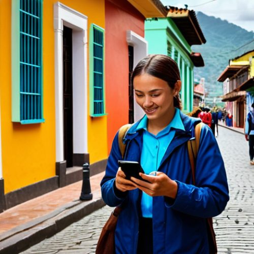 **

A traveler in Colombia, fully clothed in modest travel attire, using a smartphone in a vibrant street setting. The background includes colorful colonial architecture and friendly locals. Focus on the practical use of the phone for navigation or translation. Safe for work, appropriate content, professional quality, perfect anatomy, natural proportions, family-friendly.

**