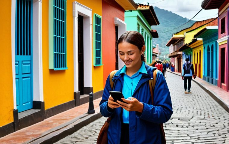 **

A traveler in Colombia, fully clothed in modest travel attire, using a smartphone in a vibrant street setting. The background includes colorful colonial architecture and friendly locals. Focus on the practical use of the phone for navigation or translation. Safe for work, appropriate content, professional quality, perfect anatomy, natural proportions, family-friendly.

**