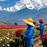 Flower Export**

A vast Colombian flower plantation, filled with colorful roses and carnations. Workers are carefully harvesting the blossoms, fully clothed and wearing appropriate attire. In the background, the Andes mountains rise majestically. Bright, natural lighting. Perfect anatomy, correct proportions, well-formed hands. Professional photography, high quality, safe for work, appropriate content, family-friendly, fully clothed.

**