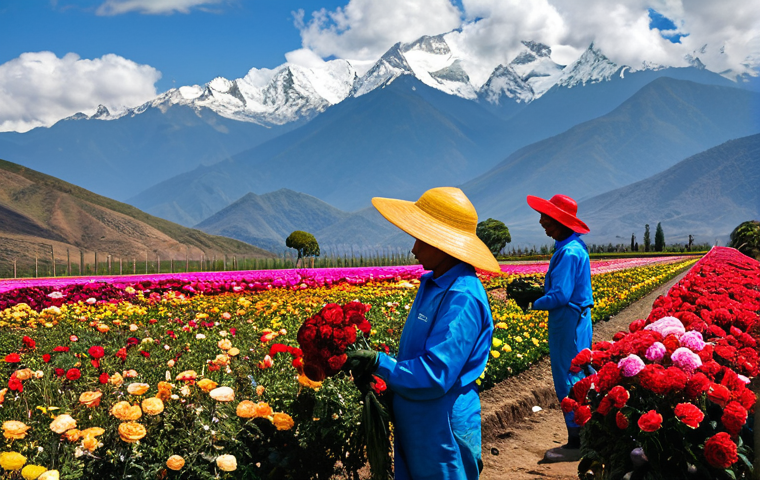 Flower Export**

A vast Colombian flower plantation, filled with colorful roses and carnations. Workers are carefully harvesting the blossoms, fully clothed and wearing appropriate attire. In the background, the Andes mountains rise majestically. Bright, natural lighting. Perfect anatomy, correct proportions, well-formed hands. Professional photography, high quality, safe for work, appropriate content, family-friendly, fully clothed.

**