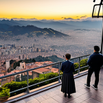 콜롬비아의 도시별 생활 스타일 비교 - "Bogota cityscape at sunset, view from Monserrate, colonial architecture, cable car, fully clothed p...