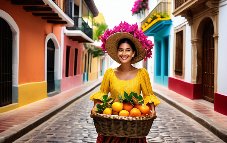 콜롬비아에서 역사적인 사건들 - **Prompt: "A vibrant street scene in Cartagena's historic old town, featuring colorful colonial-era ...