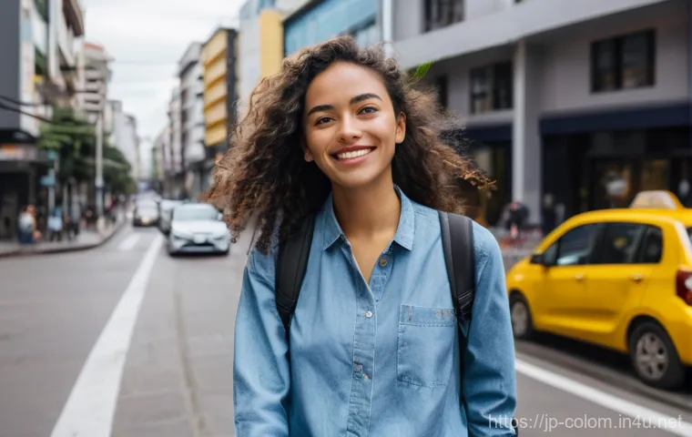 콜롬비아에서 택시 이용 시 유의사항 - Image Prompt 1: Confident Traveler Using Ride-Hailing App in Bogotá** 콜롬비아에서 택시 이용 시 유의사항 - Image Prompt 1: Confident Traveler Using Ride-Hailing App in Bogotá**