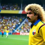 콜롬비아 축구 국가대표팀 역사 - **Prompt:** A vibrant, dynamic image of Colombian football legend Carlos Valderrama during a 1990s m...