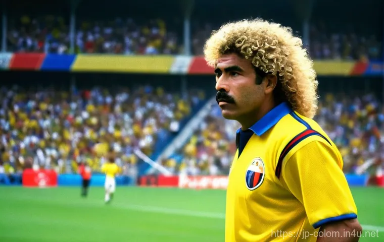 콜롬비아 축구 국가대표팀 역사 - **Prompt:** A vibrant, dynamic image of Colombian football legend Carlos Valderrama during a 1990s m...
