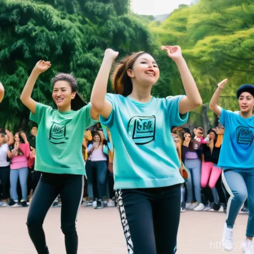 콜롬비아에서의 한류 문화 영향 - **K-Pop Dance Challenge in a Colombian Park:** A diverse group of energetic Colombian teenagers and ...