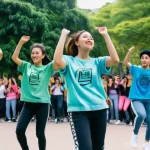 콜롬비아에서의 한류 문화 영향 - **K-Pop Dance Challenge in a Colombian Park:** A diverse group of energetic Colombian teenagers and ...