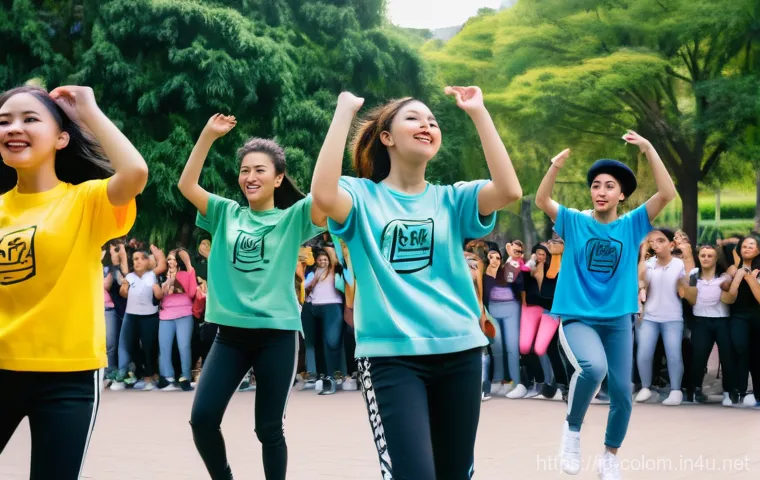콜롬비아에서의 한류 문화 영향 - **K-Pop Dance Challenge in a Colombian Park:** A diverse group of energetic Colombian teenagers and ...