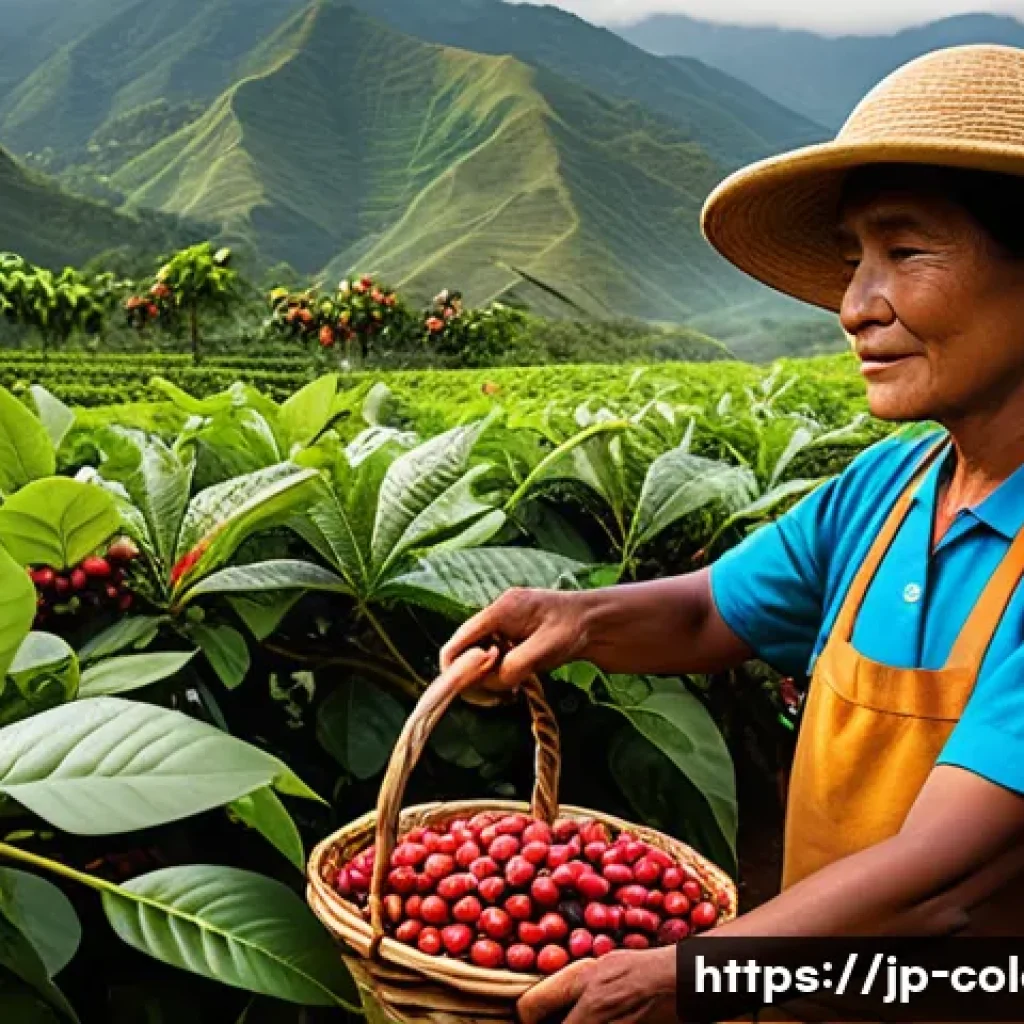 콜롬비아 커피 산업 역사 - A vibrant coffee farm set in the high-altitude Andes mountains of Colombia, showing lush green coffe...