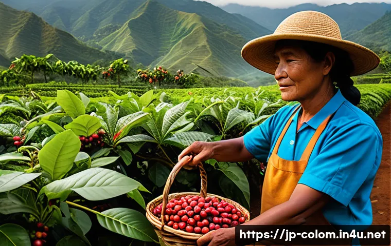 콜롬비아 커피 산업 역사 - A vibrant coffee farm set in the high-altitude Andes mountains of Colombia, showing lush green coffe...