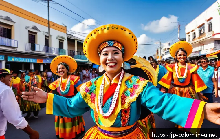 콜롬비아에서의 기념일 및 공휴일 - A vibrant street scene during Barranquilla Carnival in Colombia, featuring joyful people wearing col...
