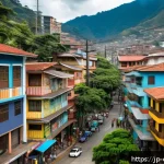 파블로 에스코바르의 유산 - A detailed street scene in Medell&iacute;n, Colombia, showing a vibrant urban neighborhood with colorful ho...