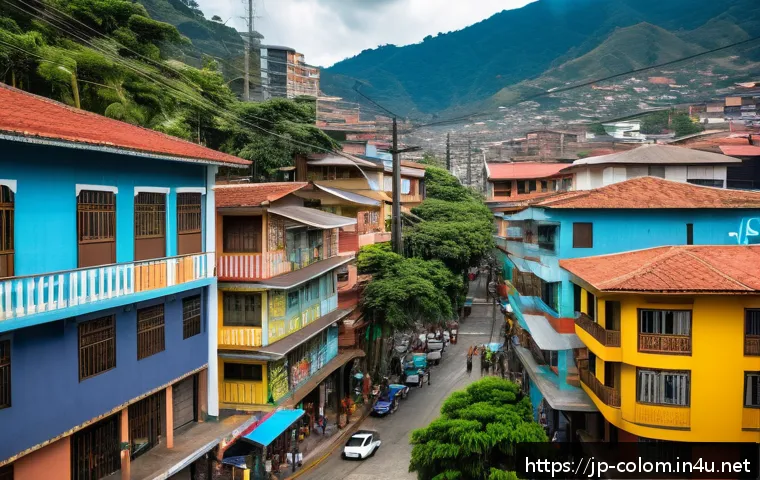파블로 에스코바르의 유산 - A detailed street scene in Medell&iacute;n, Colombia, showing a vibrant urban neighborhood with colorful ho...