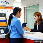 콜롬비아 은행 계좌 개설 방법 - A modern Colombian bank branch interior with a friendly, multilingual staff member assisting a forei...