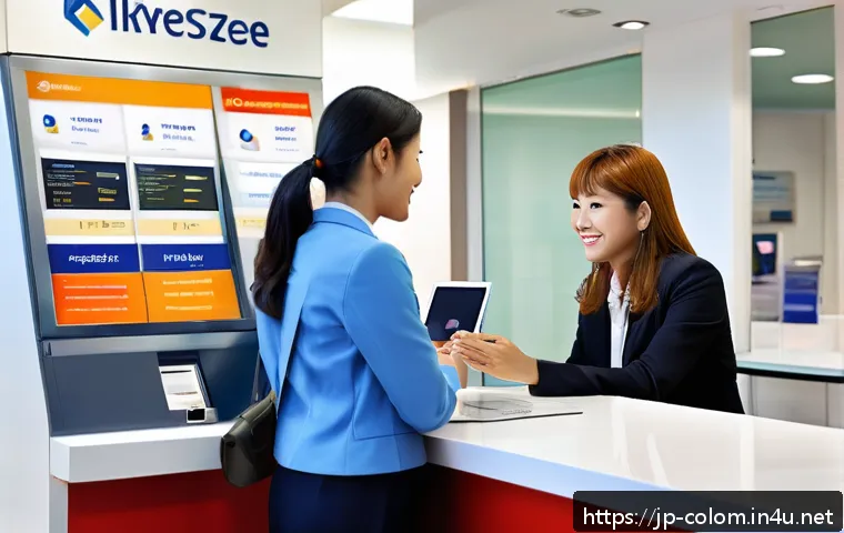콜롬비아 은행 계좌 개설 방법 - A modern Colombian bank branch interior with a friendly, multilingual staff member assisting a forei...