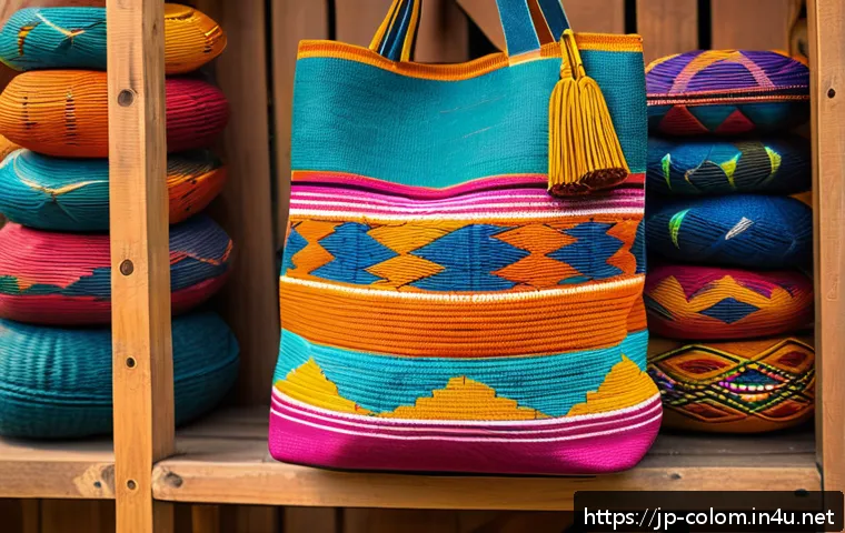 콜롬비아에서 쇼핑할 만한 기념품 - A vibrant handmade Mochila bag from Colombia, woven by the Wayuu indigenous people, featuring unique...