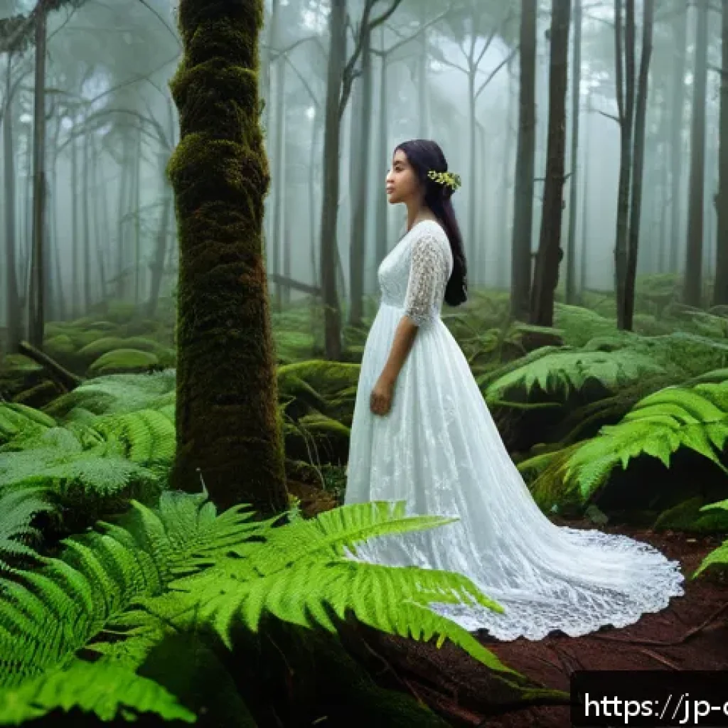 콜롬비아에서의 흥미로운 미신과 전설 - A mysterious mist-covered forest in Colombia at twilight, featuring a graceful female ghost named "L...