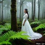 콜롬비아에서의 흥미로운 미신과 전설 - A mysterious mist-covered forest in Colombia at twilight, featuring a graceful female ghost named "L...