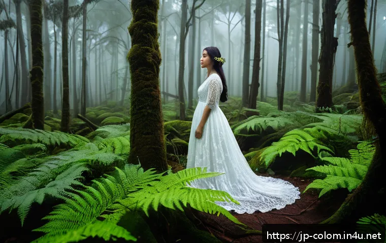 콜롬비아에서의 흥미로운 미신과 전설 - A mysterious mist-covered forest in Colombia at twilight, featuring a graceful female ghost named "L...