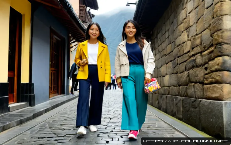 콜롬비아에서의 독특한 패션 트렌드 - Photorealistic Bogotá street-style fashion scene, stylish young Colombian adults wearing layered neu...
